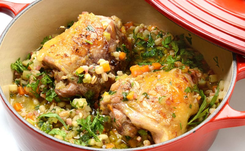 RECIPE: Herb-Fed Chicken Thighs, Pearl Barley Casserole, Smoked Bacon, Soft Herbs